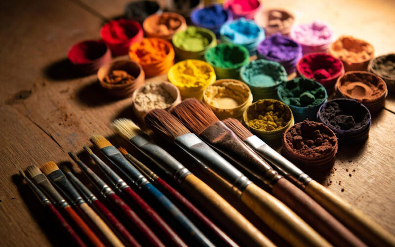 Pinceaux pigments outils artiste peinture création