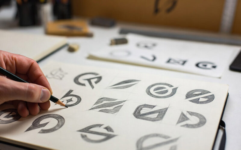 Esquisse crayon carnet processus création logo design