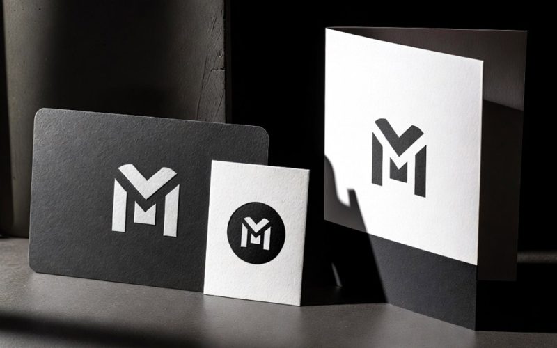 Identité visuelle complète mockup sombre cartes et logo