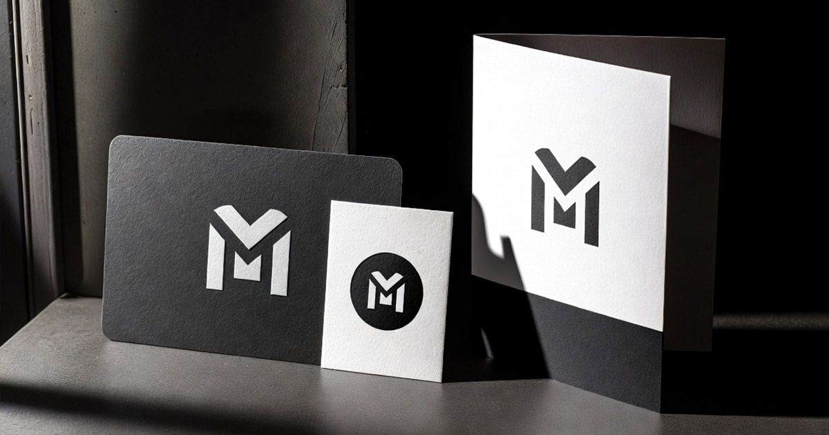 Identité visuelle complète mockup sombre cartes et logo