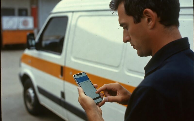 Artisan consultant son agenda de rendez-vous en ligne sur smartphone près de sa fourgonnette