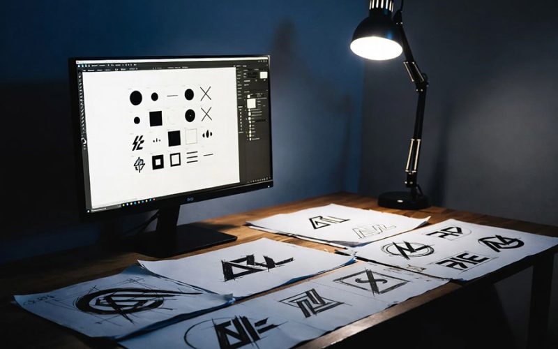 Création logo esquisses fond sombre identité de marque studio