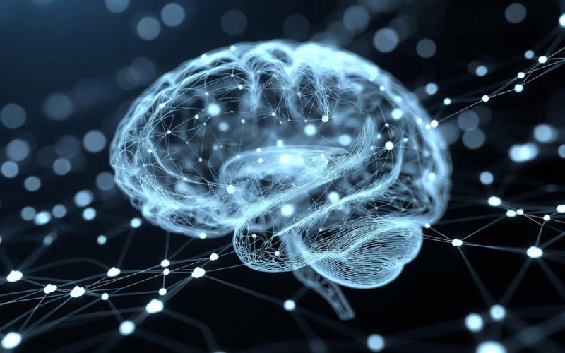 Cerveau digital réseau neuronal lumineux fond sombre IA