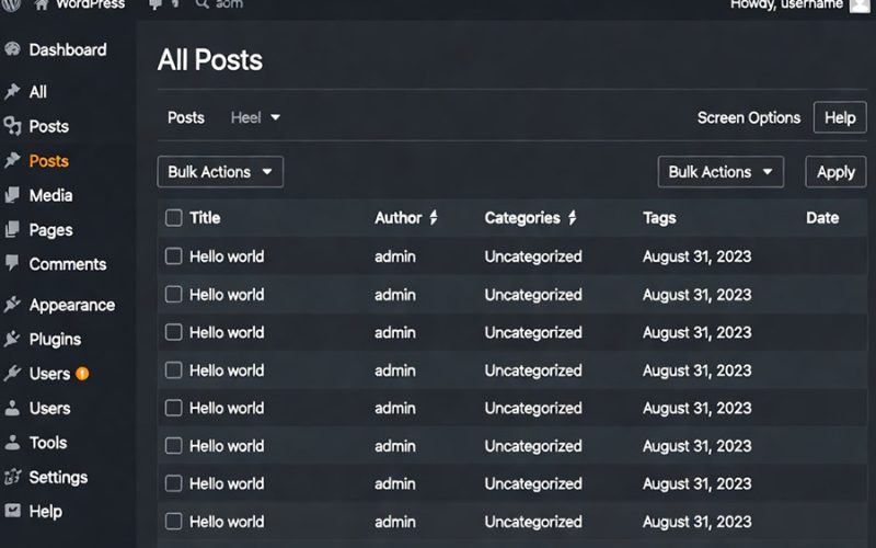 Interface WordPress dashboard édition article fond sombre