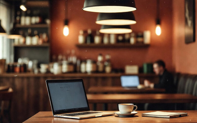 Télétravail café ordinateur portable atmosphère cozy