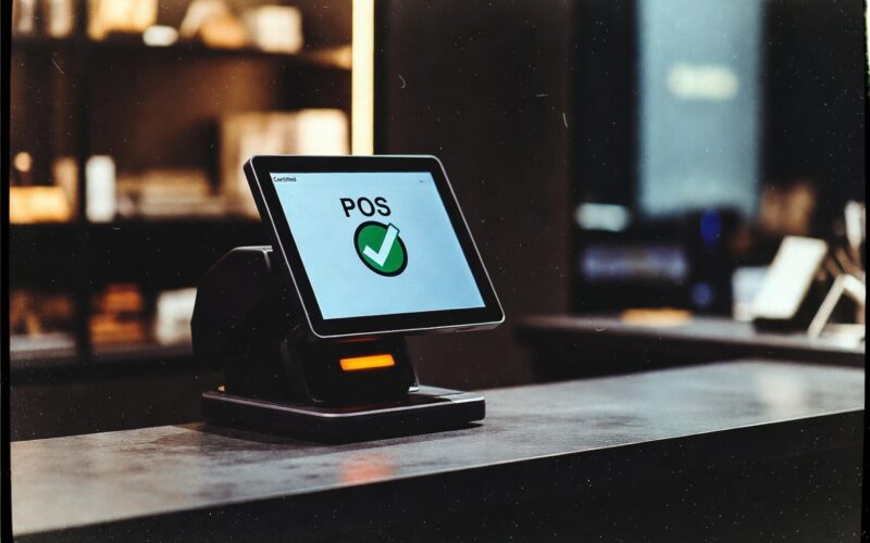 Caisse enregistreuse certifiée NF525 sur le comptoir d'un commerce artisanal