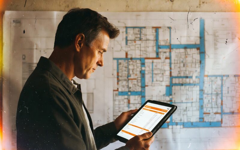 Artisan du BTP consultant un devis chiffré sur tablette devant un plan de chantier