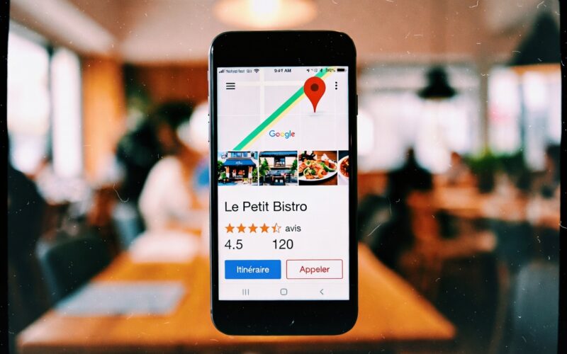 Fiche Google Maps d'un restaurant affichée sur smartphone avec photos et avis clients