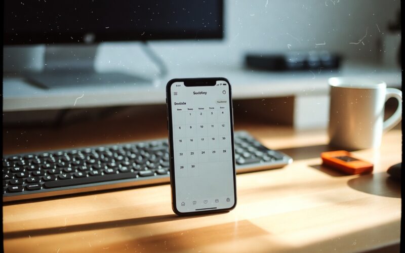 Smartphone affichant un calendrier de publications réseaux sociaux sur un bureau organisé