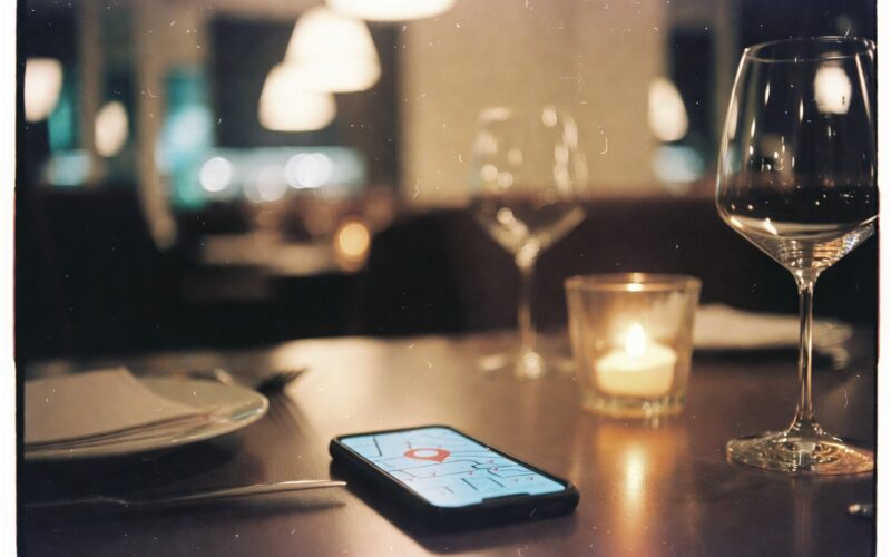Table de restaurant avec smartphone affichant une réservation en ligne via recherche locale