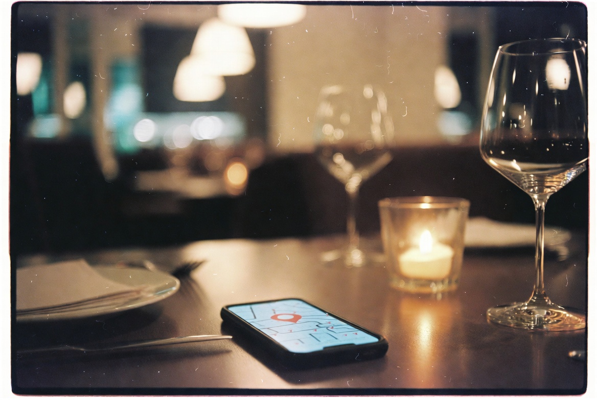 Table de restaurant avec smartphone affichant une réservation en ligne via recherche locale
