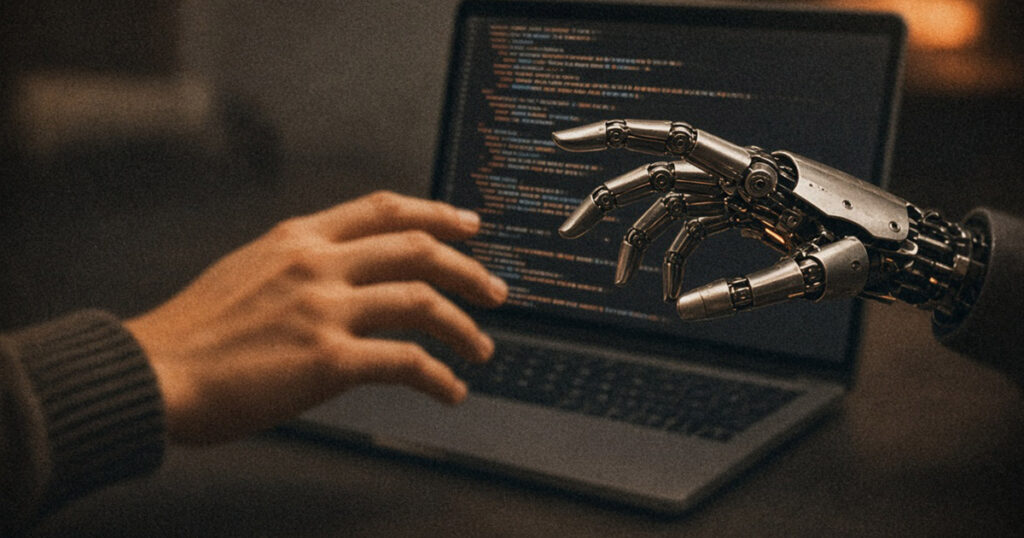 Main humaine et main robotique se rejoignant devant un écran d'ordinateur affichant du code