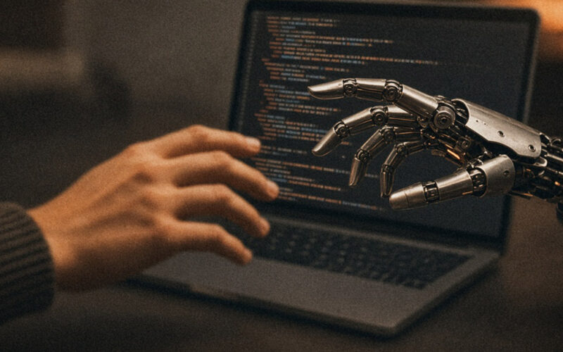 Main humaine et main robotique se rejoignant devant un écran d'ordinateur affichant du code