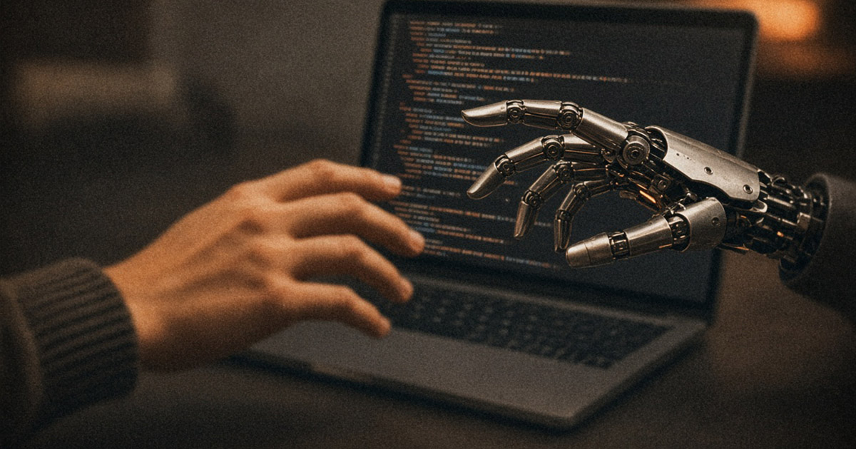 Main humaine et main robotique se rejoignant devant un écran d'ordinateur affichant du code