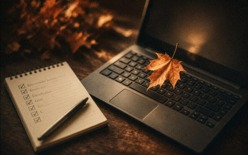Feuille d'automne posée sur un clavier d'ordinateur avec une checklist de rentrée