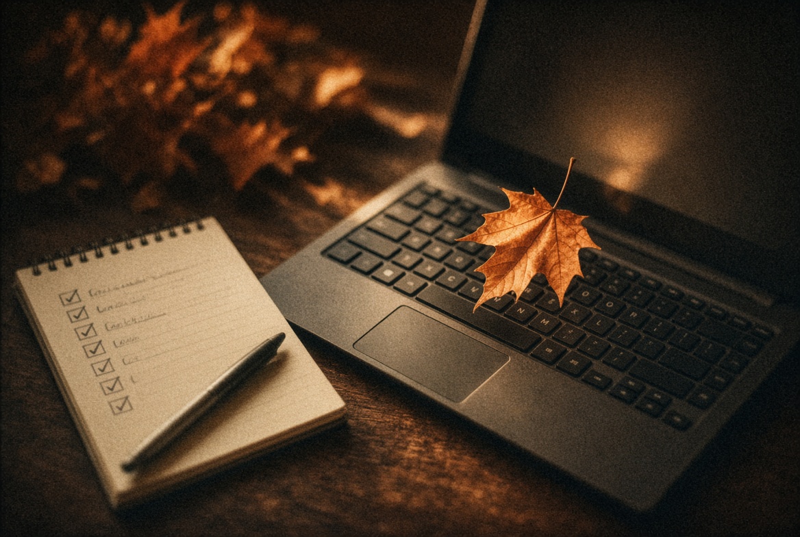 Feuille d'automne posée sur un clavier d'ordinateur avec une checklist de rentrée