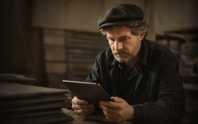 Artisan couvreur sur un toit consultant une demande de devis reçue sur tablette