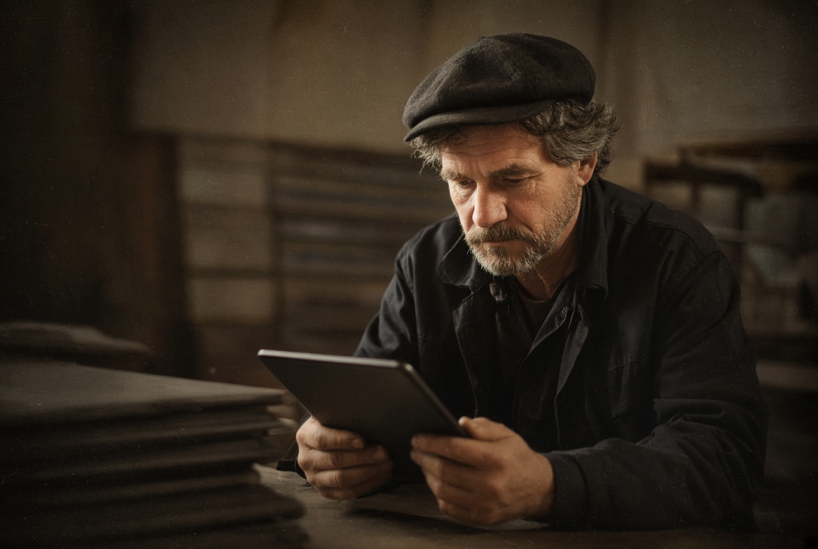 Artisan couvreur sur un toit consultant une demande de devis reçue sur tablette