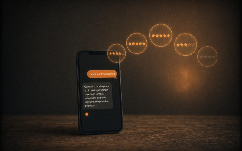 Bulles d'avis clients avec étoiles flottant au-dessus d'un smartphone affichant une réponse générée par IA