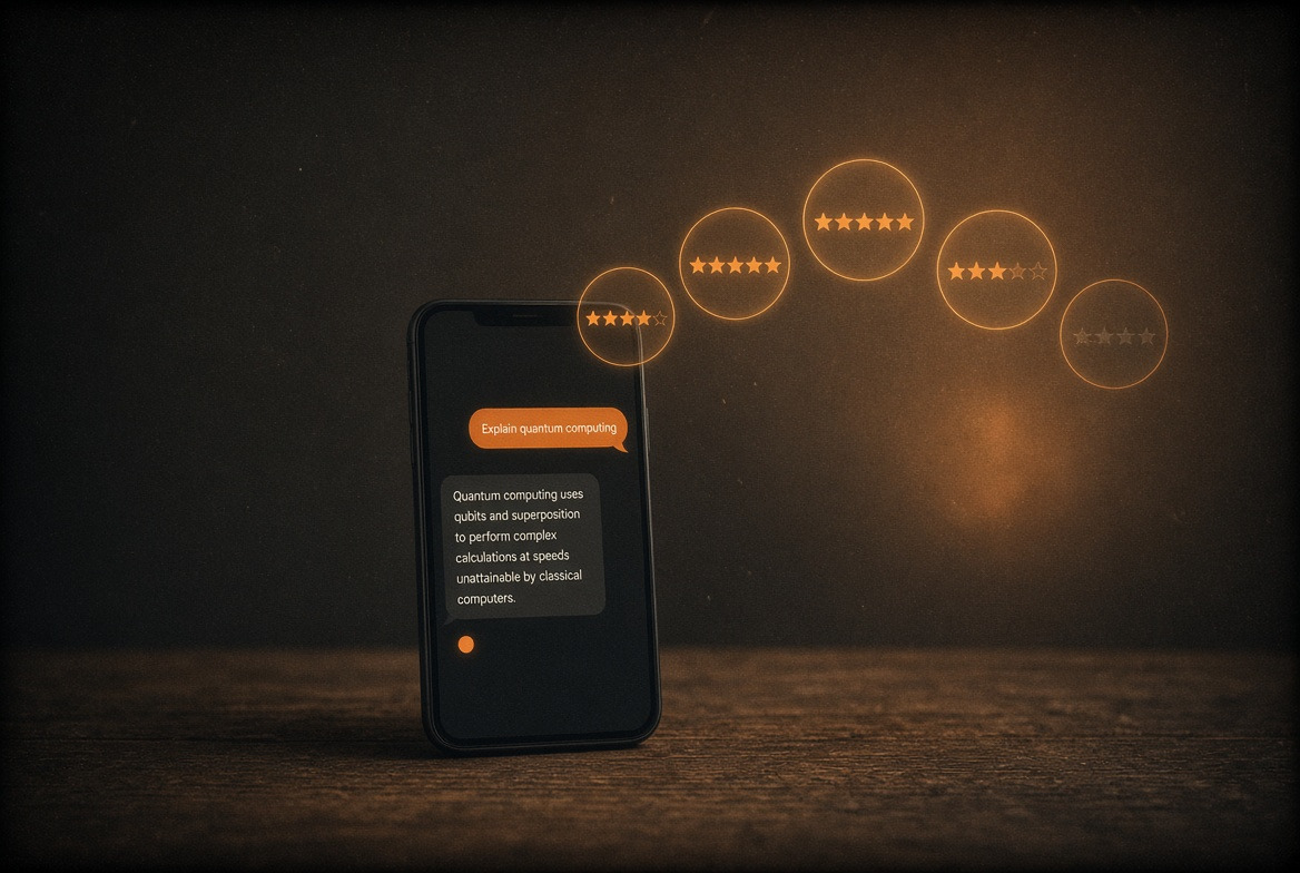 Bulles d'avis clients avec étoiles flottant au-dessus d'un smartphone affichant une réponse générée par IA