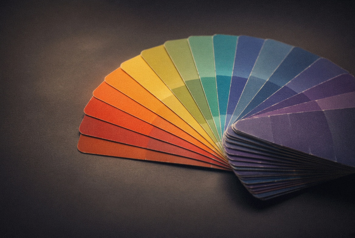 Éventail de nuanciers de couleurs présenté sur fond sombre pour une identité de marque