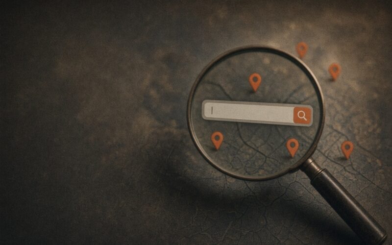Loupe posée sur une barre de recherche avec des épingles de carte représentant des opportunités locales