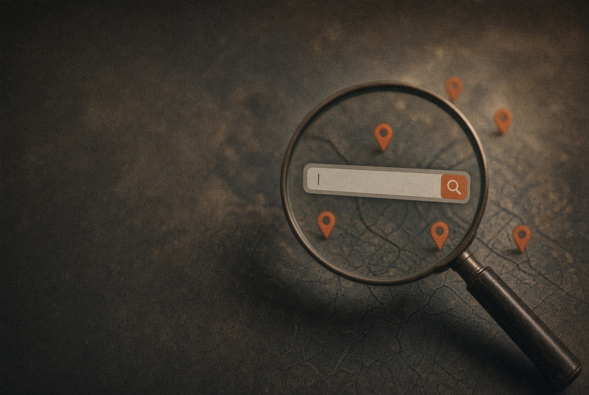 Loupe posée sur une barre de recherche avec des épingles de carte représentant des opportunités locales