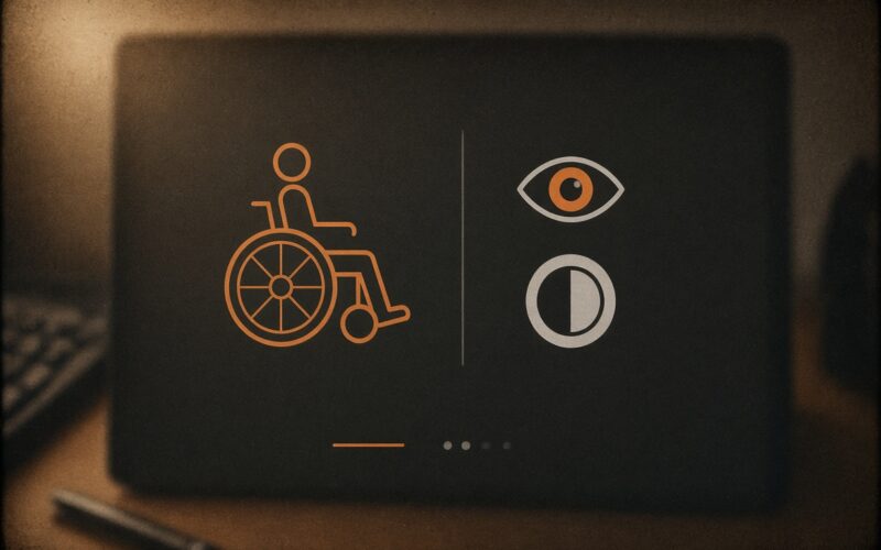 Icônes d'accessibilité et de contraste visuel superposées à une interface de site web