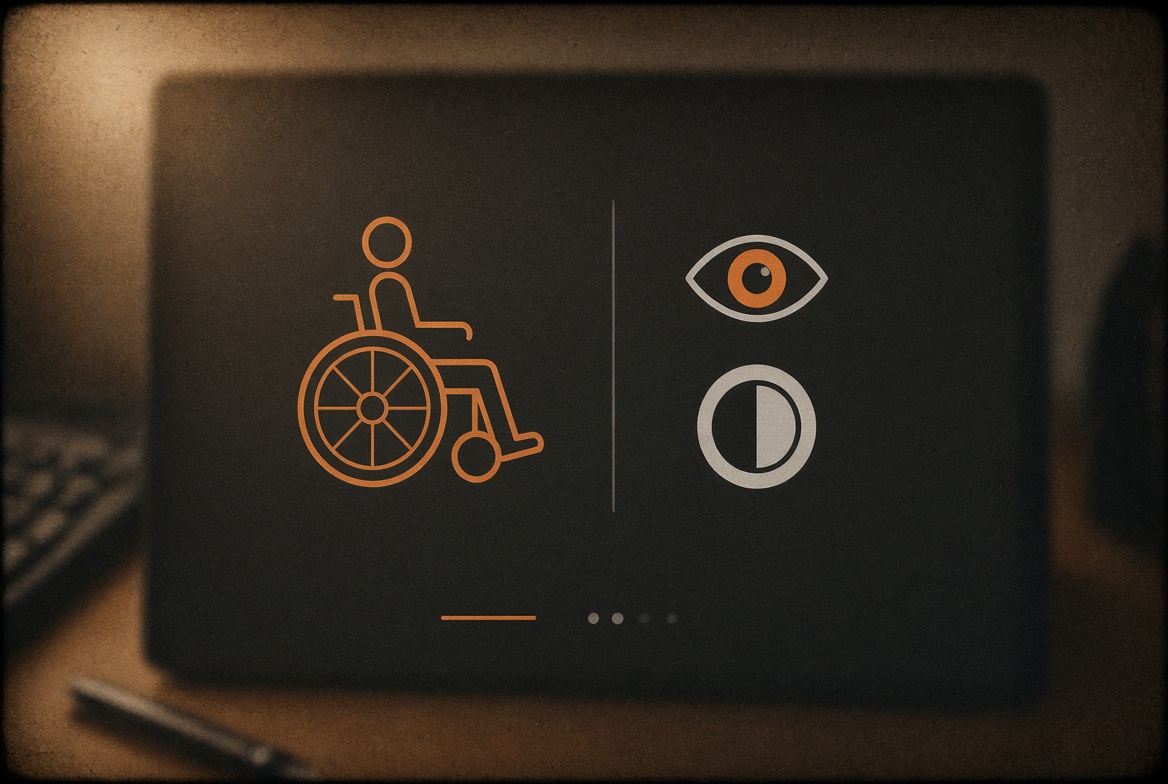 Icônes d'accessibilité et de contraste visuel superposées à une interface de site web