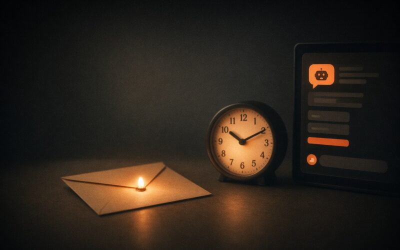 Enveloppe d'email lumineuse à côté d'une horloge et d'une interface de conversation IA