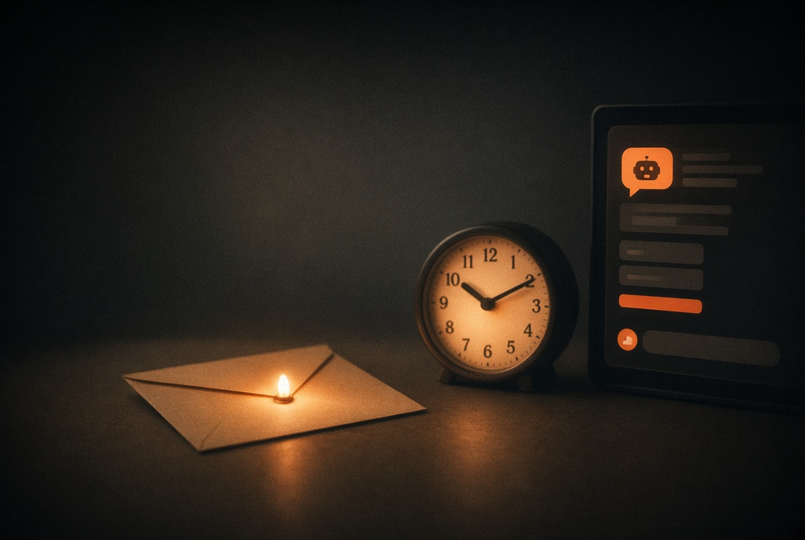 Enveloppe d'email lumineuse à côté d'une horloge et d'une interface de conversation IA