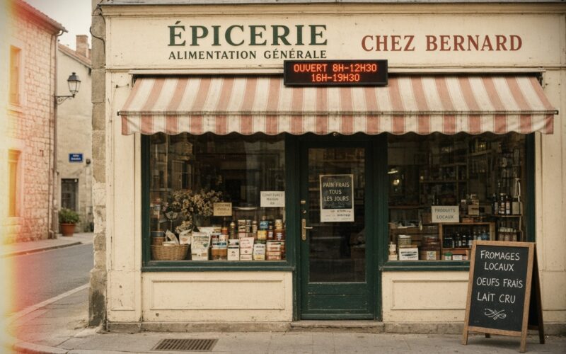 Devanture de petit commerce local avec un signal numérique discret au-dessus