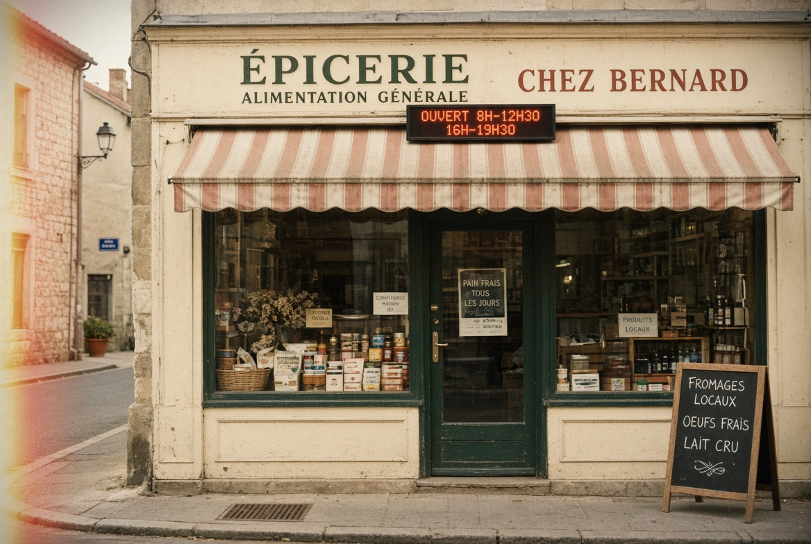 Devanture de petit commerce local avec un signal numérique discret au-dessus
