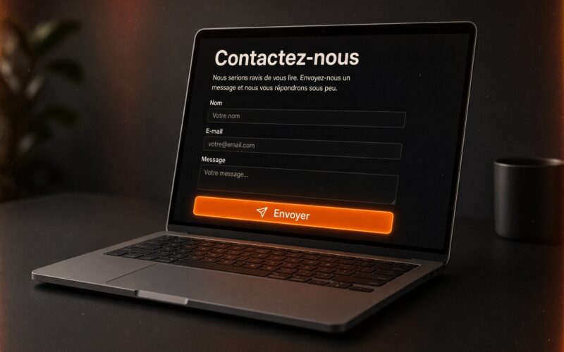 Formulaire de contact épuré affiché sur un écran d'ordinateur avec bouton d'envoi lumineux