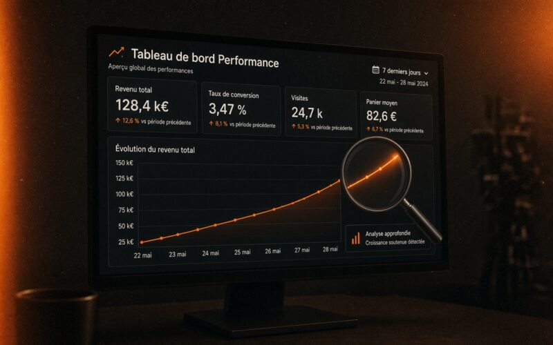 Tableau de bord analytique avec une courbe ascendante et une loupe représentant le suivi SEO