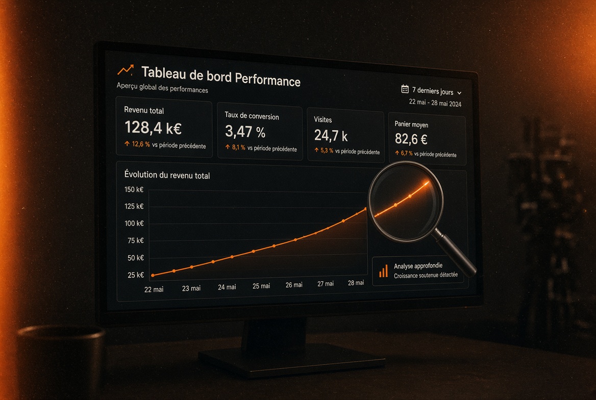 Tableau de bord analytique avec une courbe ascendante et une loupe représentant le suivi SEO