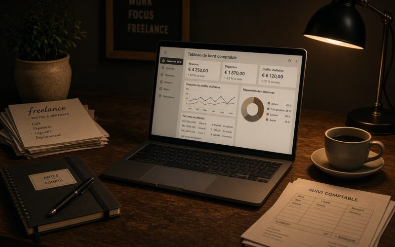 Auto-entrepreneur consultant sa comptabilité sur un tableau de bord depuis son bureau
