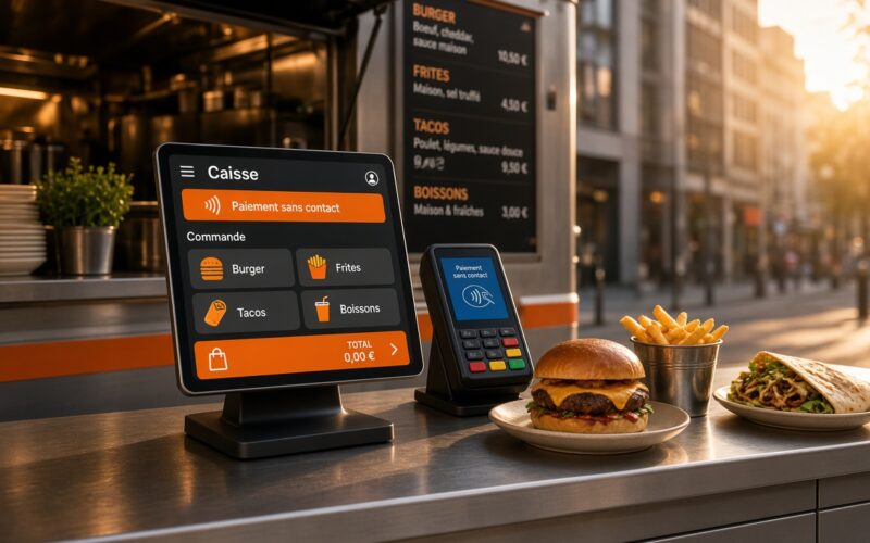 Encaissement sans contact sur tablette au comptoir d'un food truck