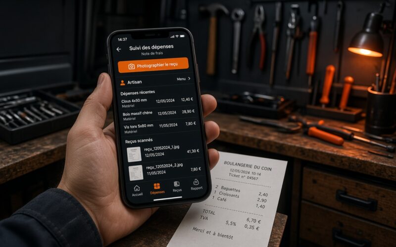 Artisan photographiant un justificatif de frais avec son smartphone dans son atelier