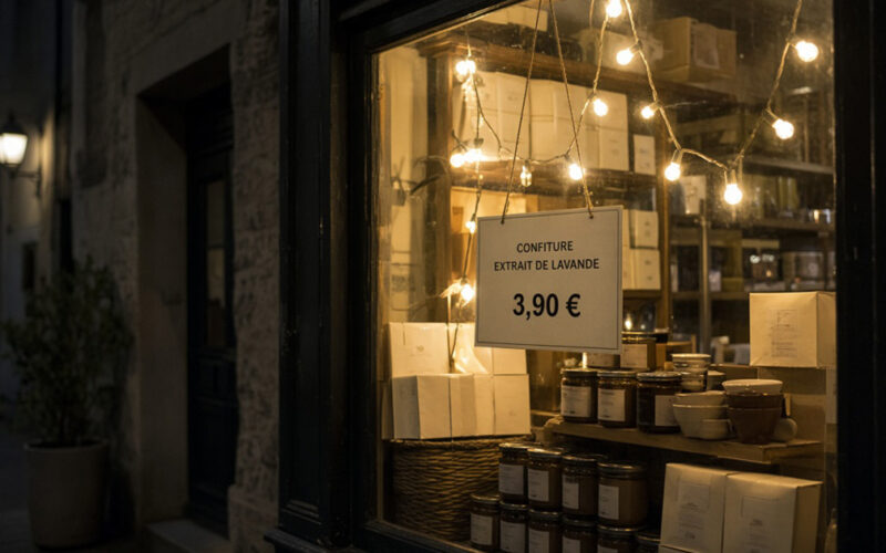 Vitrine de petit commerce éclairée avec une étiquette de prix mise en avant, ambiance soirée