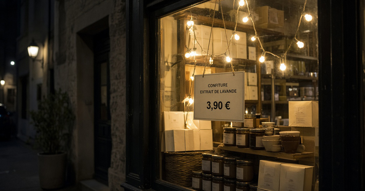 Vitrine de petit commerce éclairée avec une étiquette de prix mise en avant, ambiance soirée