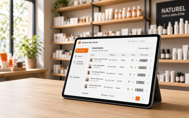Commerçant gérant son inventaire sur tablette au milieu des rayonnages de sa boutique