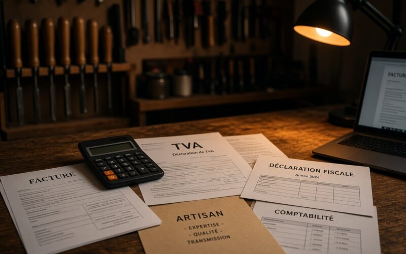 Artisan calculant sa TVA avec factures et calculatrice sur son bureau d'atelier