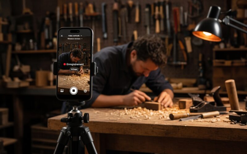 Artisan filmant son travail en vidéo verticale au smartphone dans son atelier