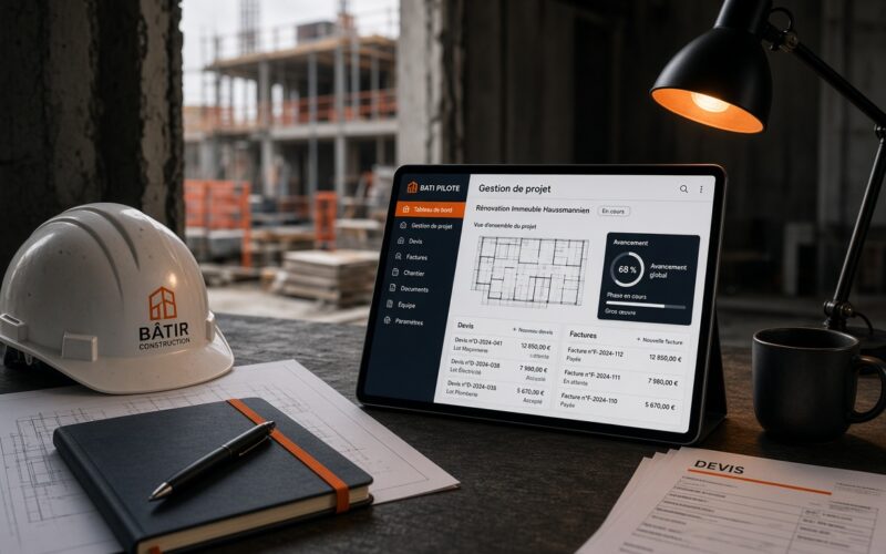 Artisan du bâtiment pilotant devis et chantiers sur tablette sur un chantier